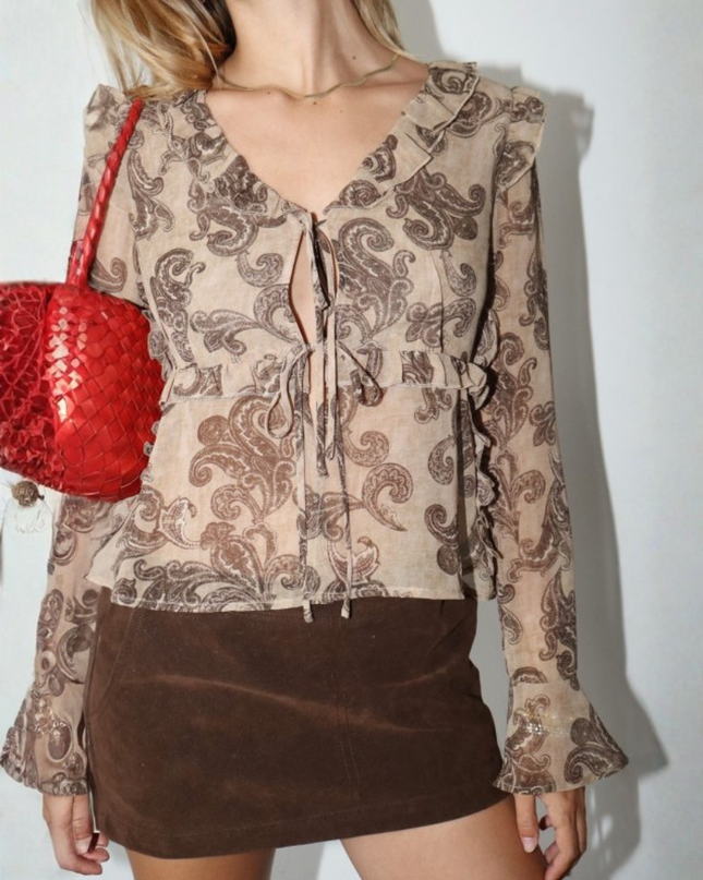 Paisley Tie-Front Ruffle Blouse – Vintage Tan