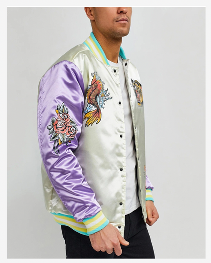 Vibrant Retro Tiger & Koi Satin Bomber Jacket
