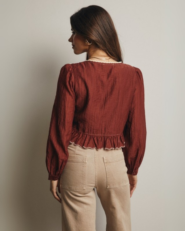 Embroidered Tie-Front Peplum Blouse with Puff Sleeves