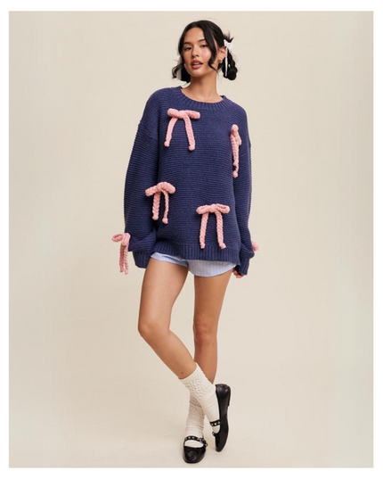 Women's Chunky Knit Sweater with Rope Bows