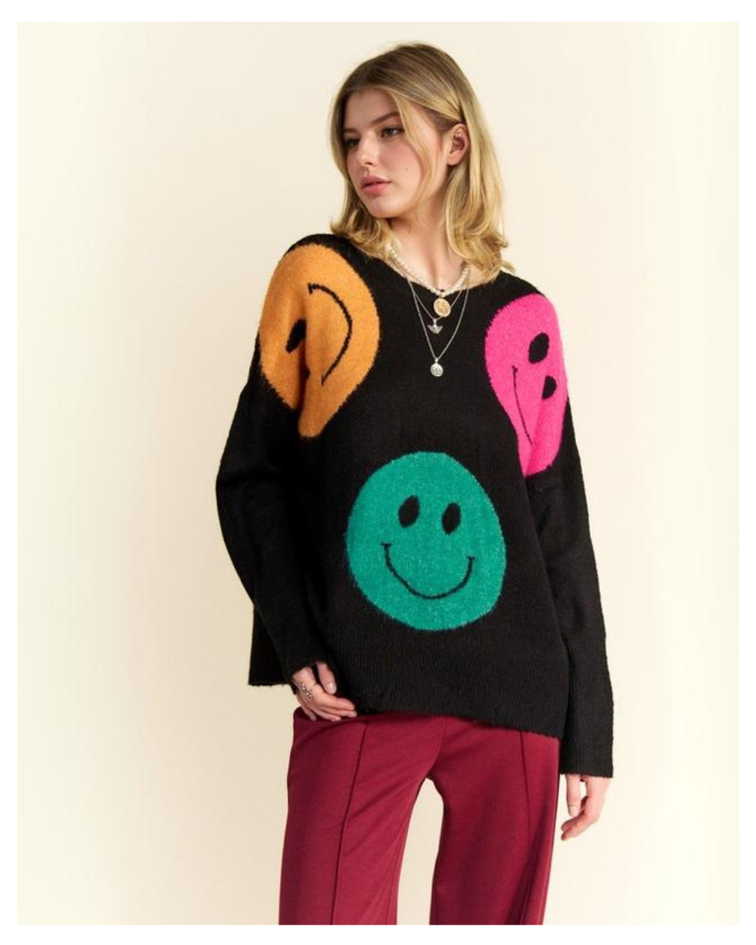 Happy Faces Sweater - Multi-Color Smiley Knit