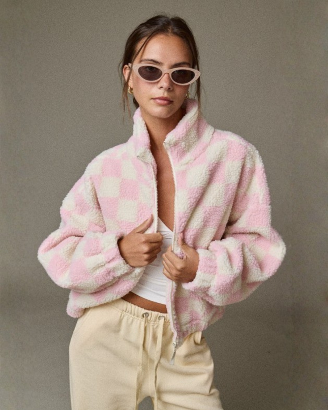 Oversized Checkerboard Sherpa Jacket – Cozy Zip Up Fleece
