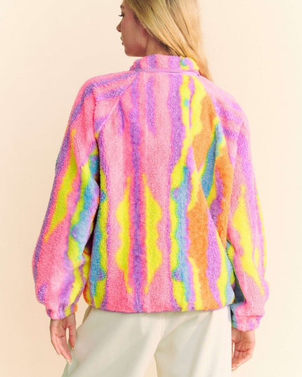Fuzzy Multi Color Textured Zipper Pocket Jacket