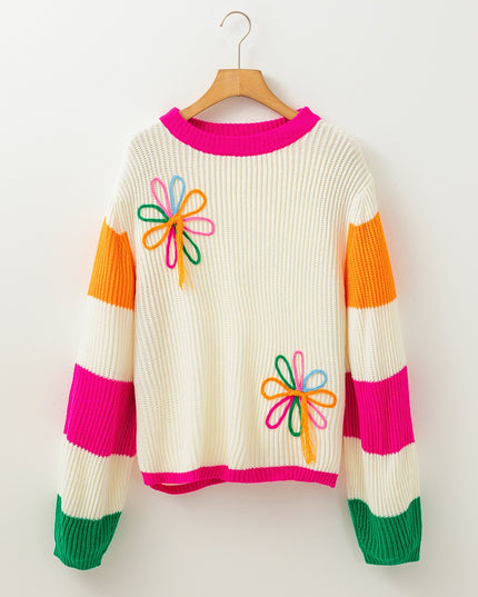 Beige Colorblock Flower Print Cable Knit Loose Sweater – Cozy and Chic