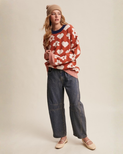 Heart & Flower Jacquard Knit Sweater – Retro Cozy Statement Pullover