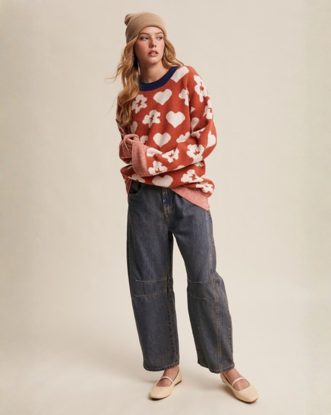 Heart & Flower Jacquard Knit Sweater – Retro Cozy Statement Pullover
