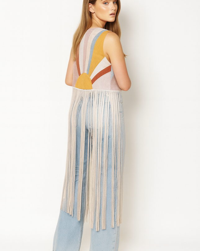 Coachella-Inspired Boho Fringe Vest – Retro Sunset Knit with Western Cowboy Vibes