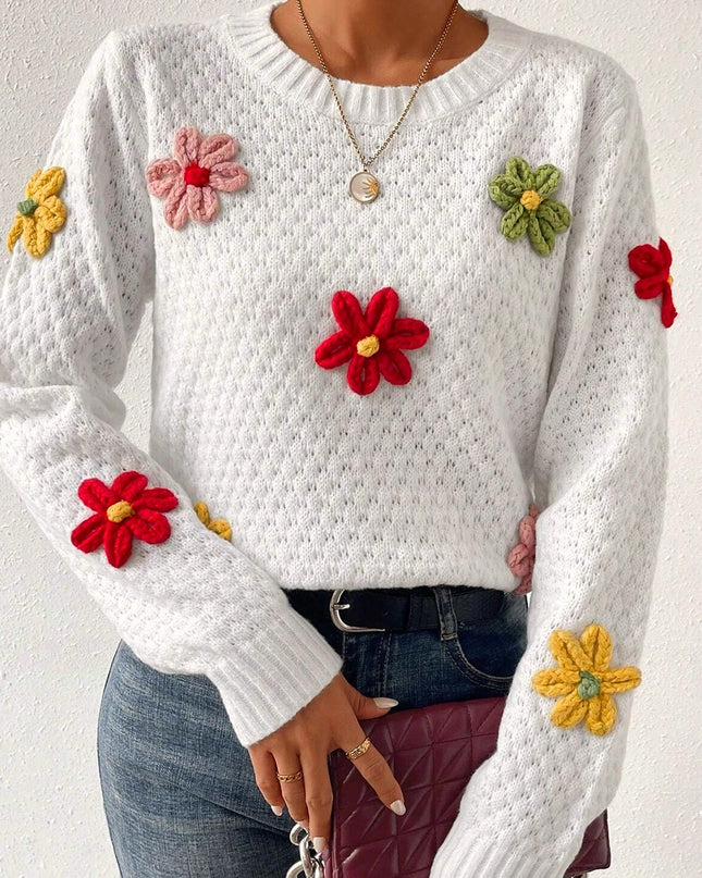 White Colorful Flower Applique Textured Knit Sweater – Playful and Elegant