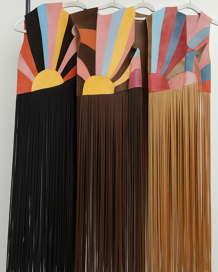 Coachella-Inspired Boho Fringe Vest – Retro Sunset Knit with Western Cowboy Vibes