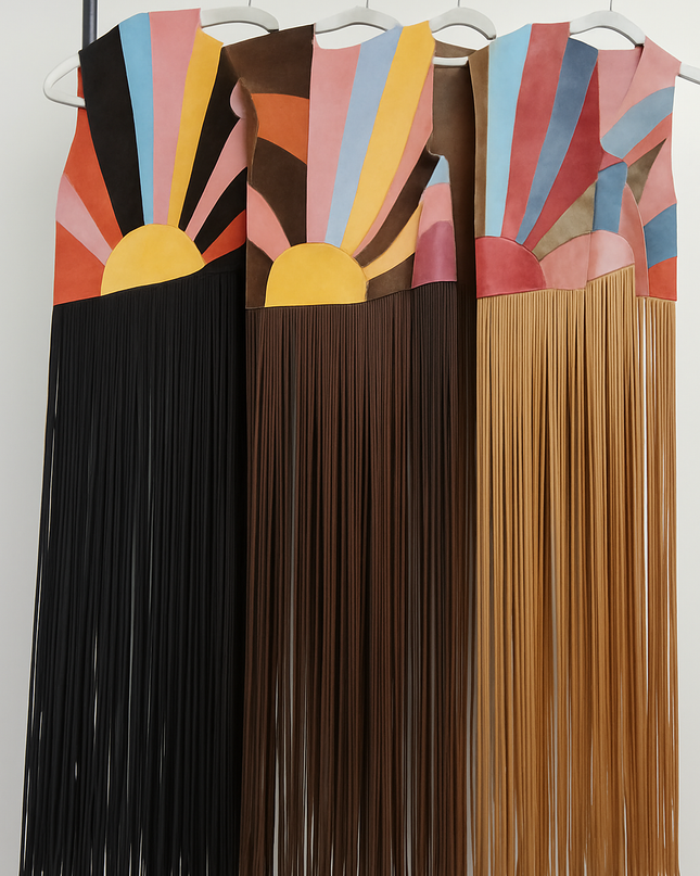 Coachella-Inspired Boho Fringe Vest – Retro Sunset Knit with Western Cowboy Vibes