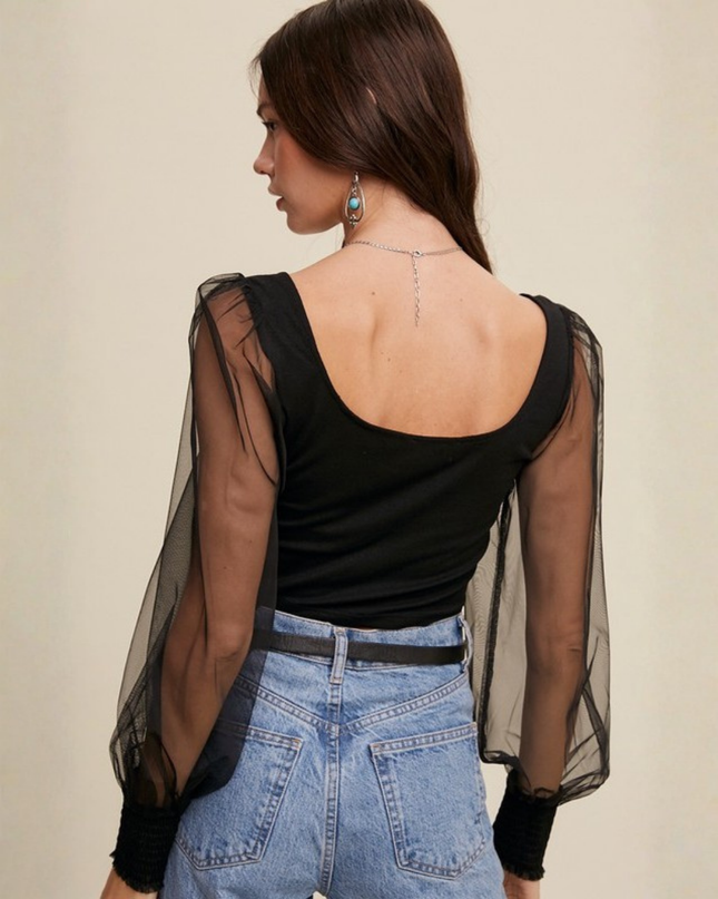 Square Neck Mesh Puff Sleeve Knit Top