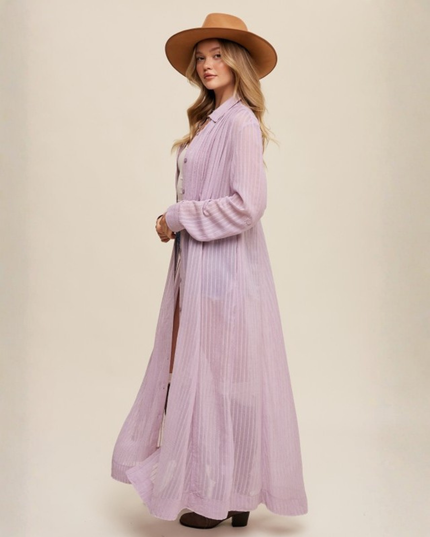 Sheer Striped Maxi Shirt Dress – Boho Layering Duster