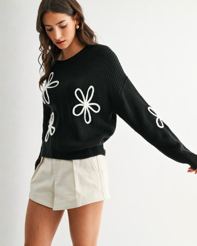 Flower Loop Knit Sweater – Oversized Black Daisy Pullover