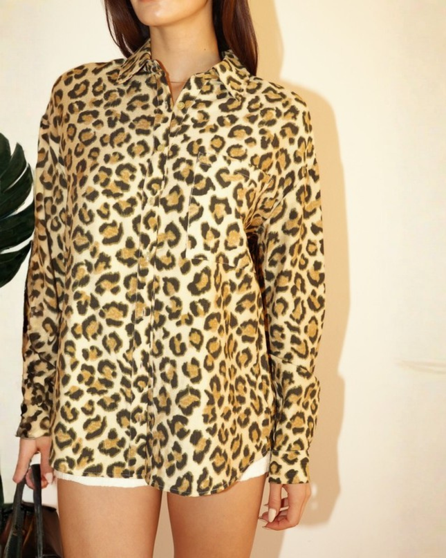 Leopard Print Button-Up Long Sleeve Shirt
