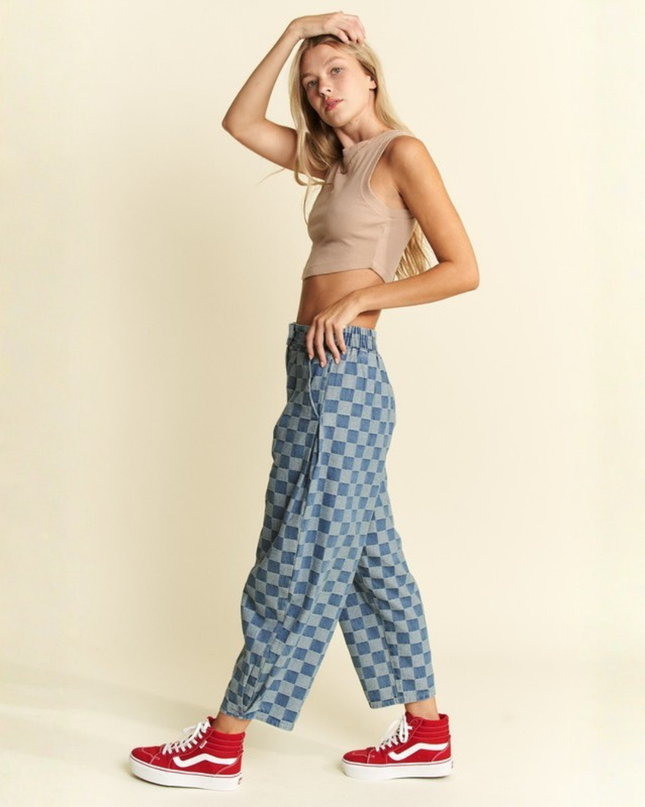 High-Waist Checkered Barrel Pants – Y2K Aesthetic, Street Style, Wide-Leg Fit