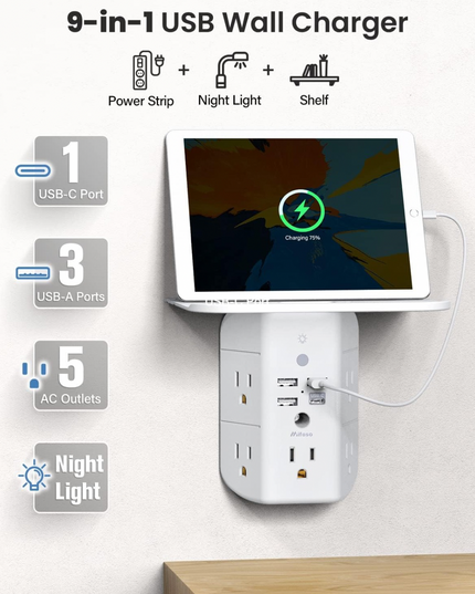 Wall Outlet Extender with USB Ports and Integrated Shelf