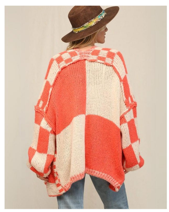 Cozy Oversized Checkered Knit Cardigan for Women