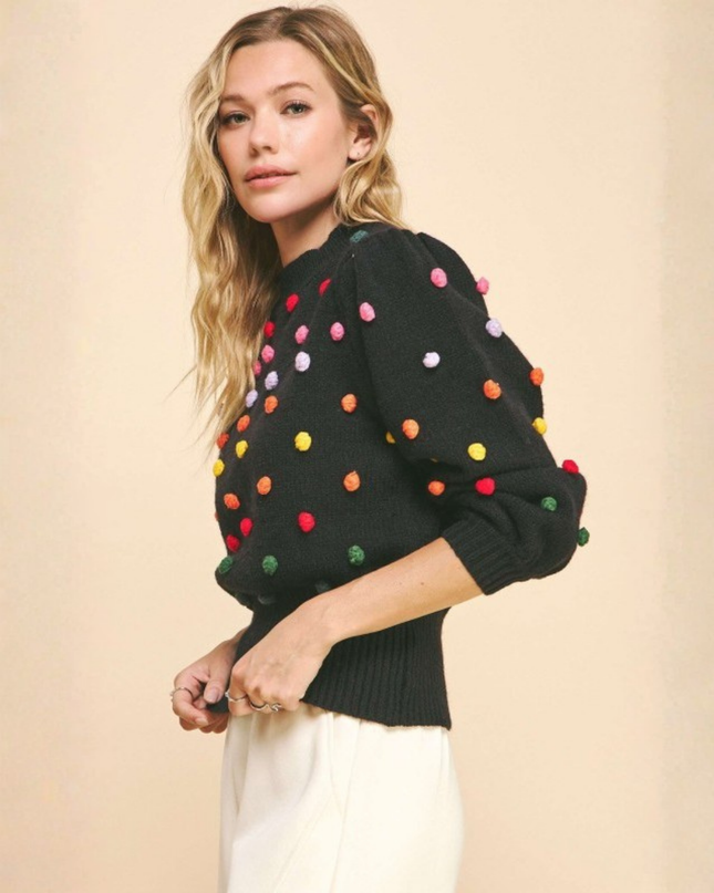 Black Knit Polka Dot Pom Pom Sweater – Puff Sleeve Statement Knitwear