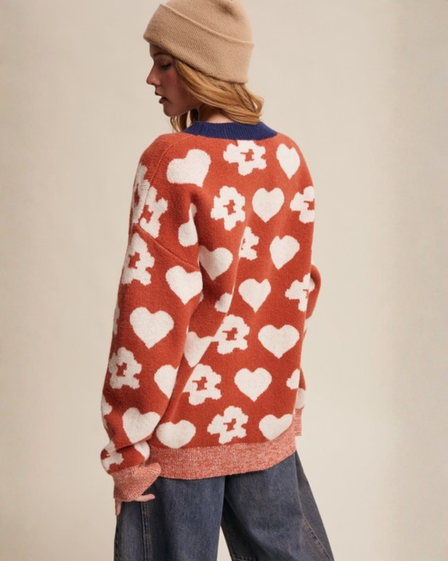 Heart & Flower Jacquard Knit Sweater – Retro Cozy Statement Pullover