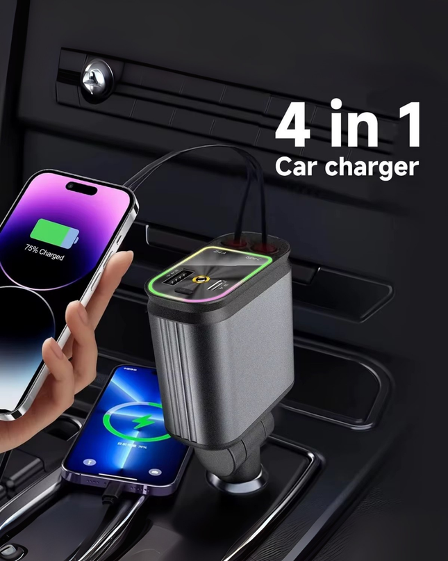 4 in 1 Car Charger with LED Ambient Light – Fast Charging PD 30W