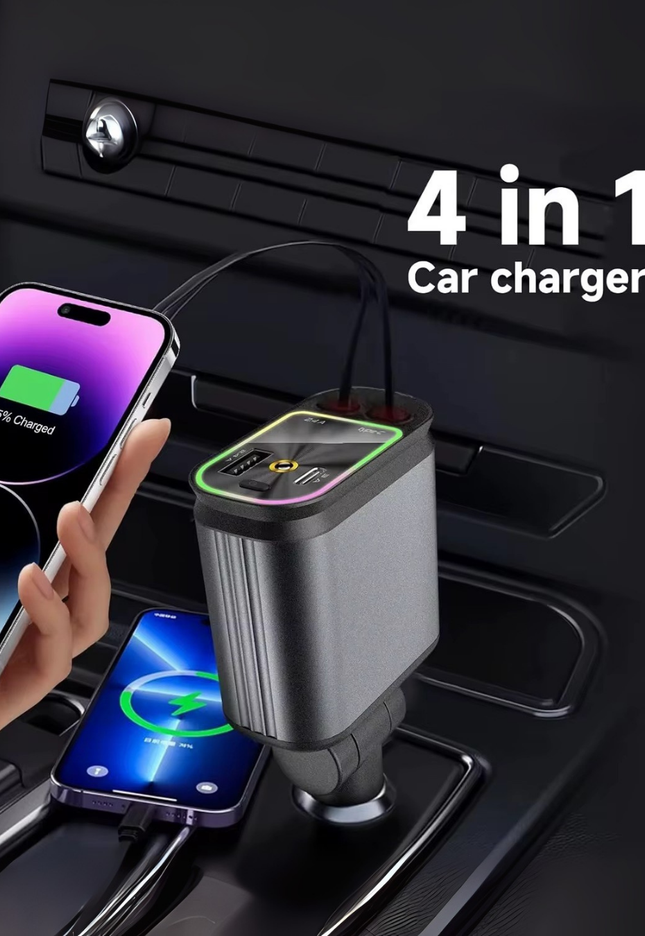 4 in 1 Car Charger with LED Ambient Light – Fast Charging PD 30W