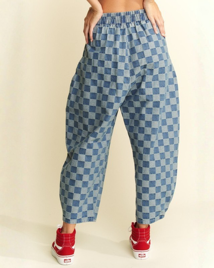 High-Waist Checkered Barrel Pants – Y2K Aesthetic, Street Style, Wide-Leg Fit