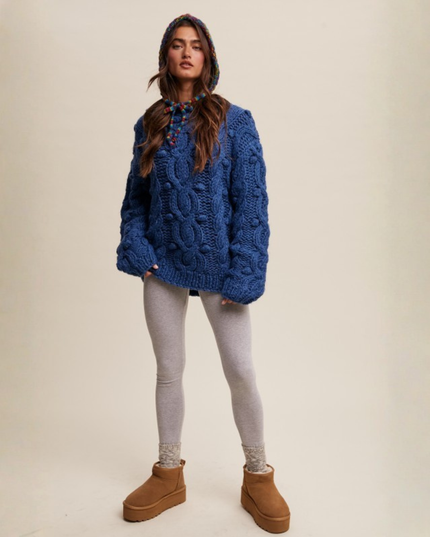 Chunky Cable Knit Sweater in Teal – Textured Oversized Cozy Statement Knit
