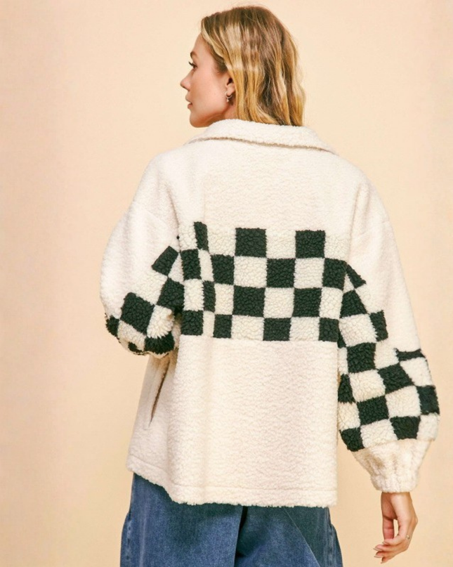 Checkered Sherpa Jacket – Black & White Fuzzy Oversized Streetwear Coat