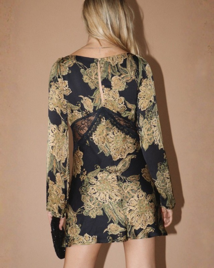 Paisley Floral Lace-Trim Mini Dress