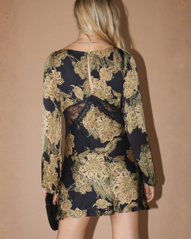 Paisley Floral Lace-Trim Mini Dress