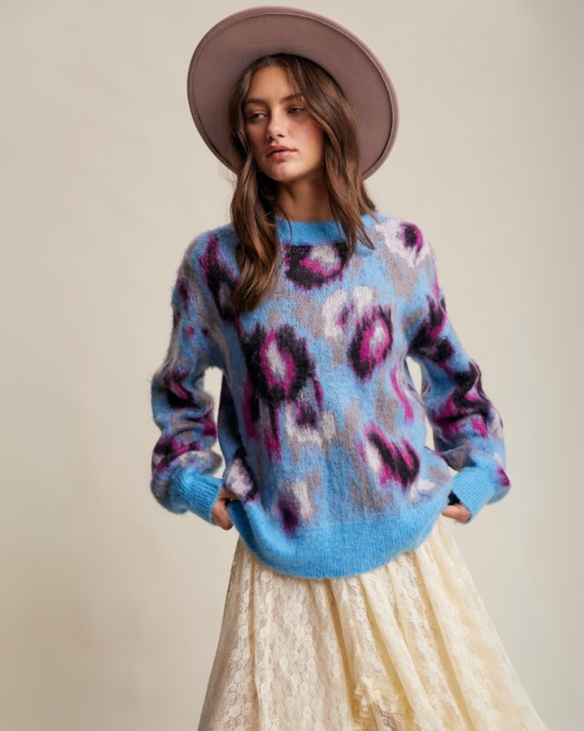 Fuzzy Abstract Leopard Knit Pullover – Light Blue