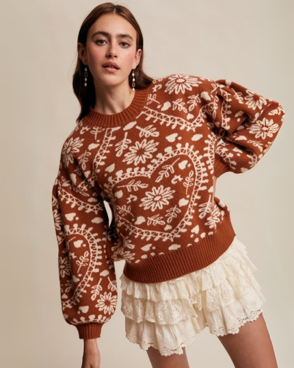 Heart & Floral Jacquard Relaxed Crew Neck Sweater