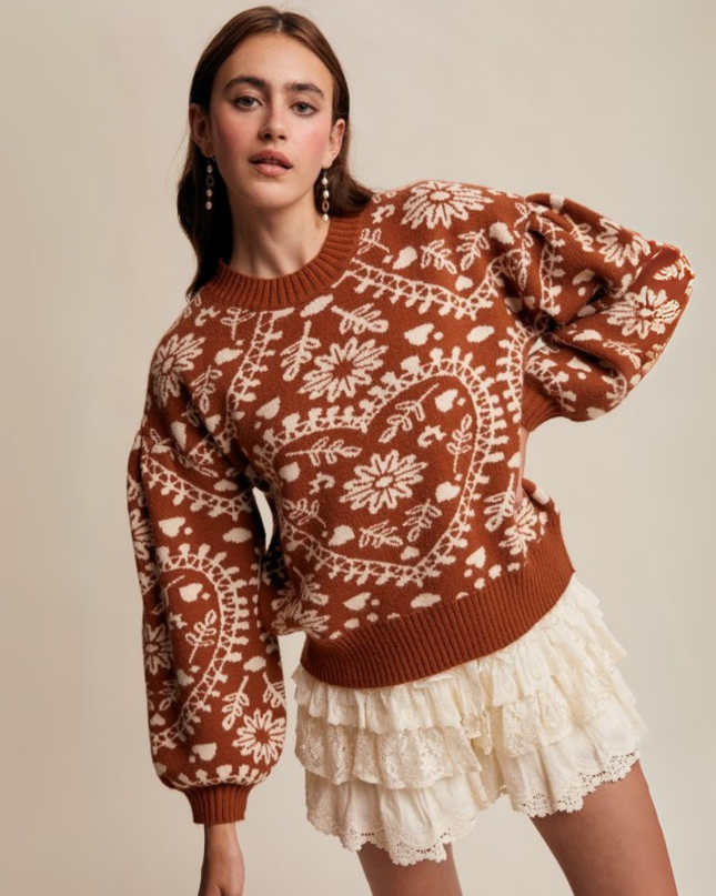 Heart & Floral Jacquard Relaxed Crew Neck Sweater