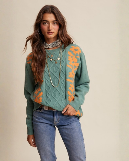 Floral Cable Knit Sweater – Sage Green Retro Cozy Pullover