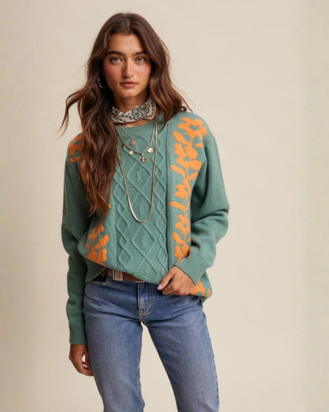 Floral Cable Knit Sweater – Sage Green Retro Cozy Pullover