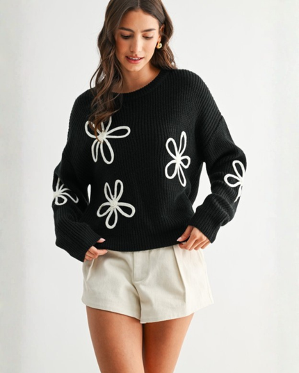 Flower Loop Knit Sweater – Oversized Black Daisy Pullover