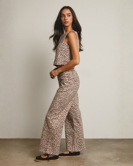 Leopard Print Denim Vest & Wide-Leg Pants Set