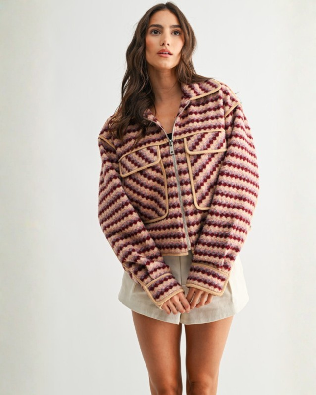Retro Chevron Zip-Up Jacket – Burgundy Multi | Textured Vintage Style Outerwear