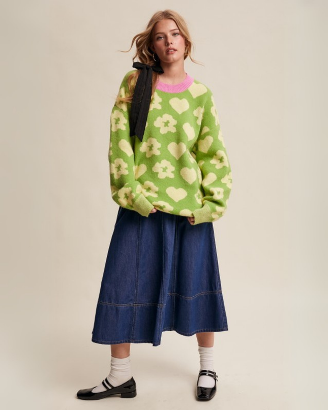 Heart & Bloom Jacquard Knit Pullover – Pistachio