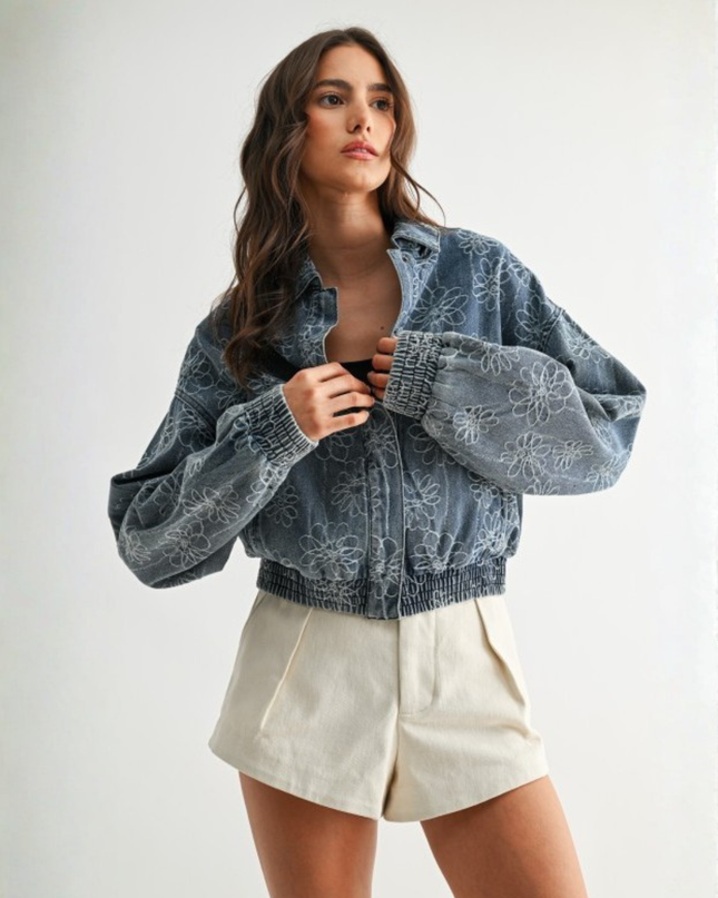 Embroidered Denim Flower Jacket — Retro Cropped Streetwear