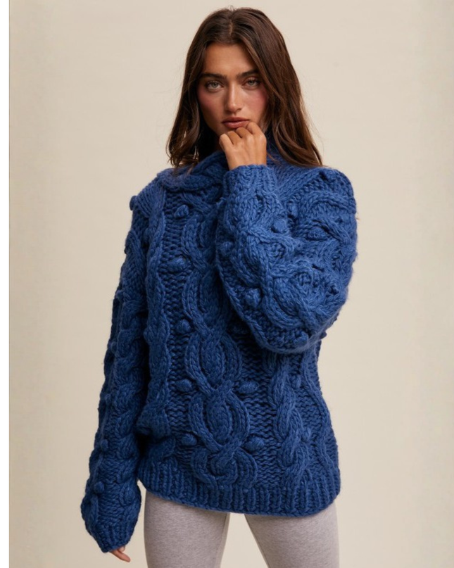 Chunky Cable Knit Sweater in Teal – Textured Oversized Cozy Statement Knit