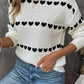 White Contrast Heart Pattern Crew Neck Sweater