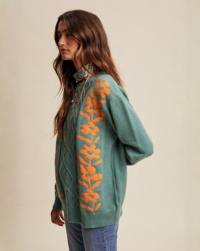 Floral Cable Knit Sweater – Sage Green Retro Cozy Pullover