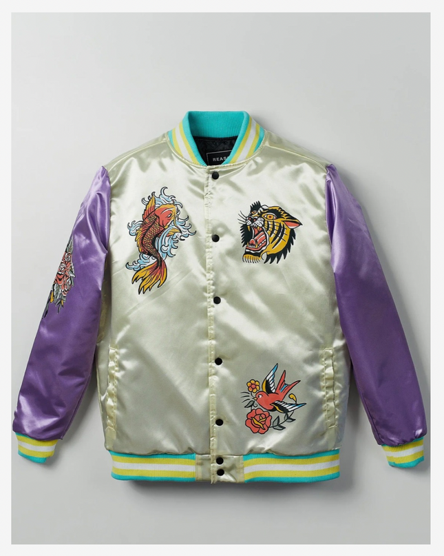 Vibrant Retro Tiger & Koi Satin Bomber Jacket