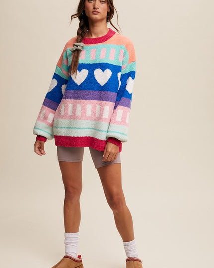 Multicolor Heart-Patterned Sweater – Cozy and Stylish Winter Fashion