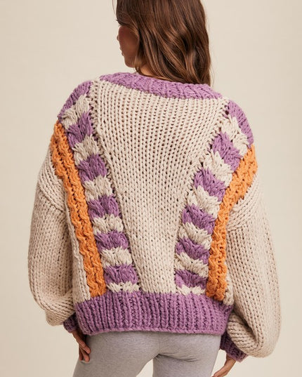 V-striped Chunky Knit Handmade Sweater