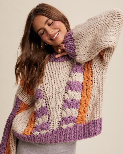 V-striped Chunky Knit Handmade Sweater