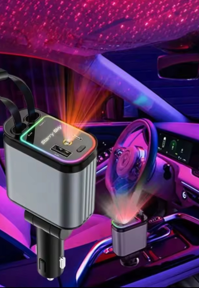 Fast Charging Car Charger with Retractable Cables for iPhone & Android