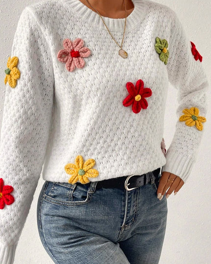 White Colorful Flower Applique Textured Knit Sweater – Playful and Elegant