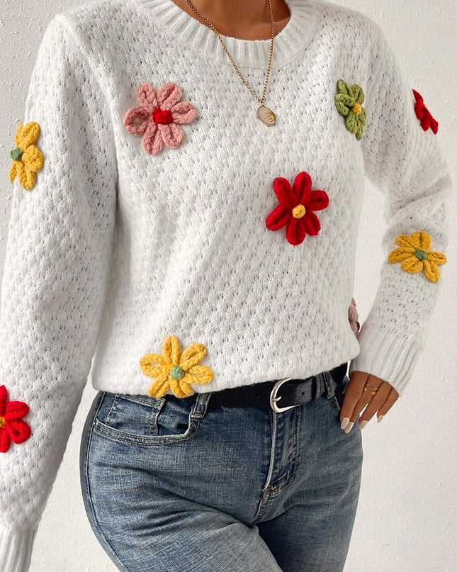 White Colorful Flower Applique Textured Knit Sweater – Playful and Elegant